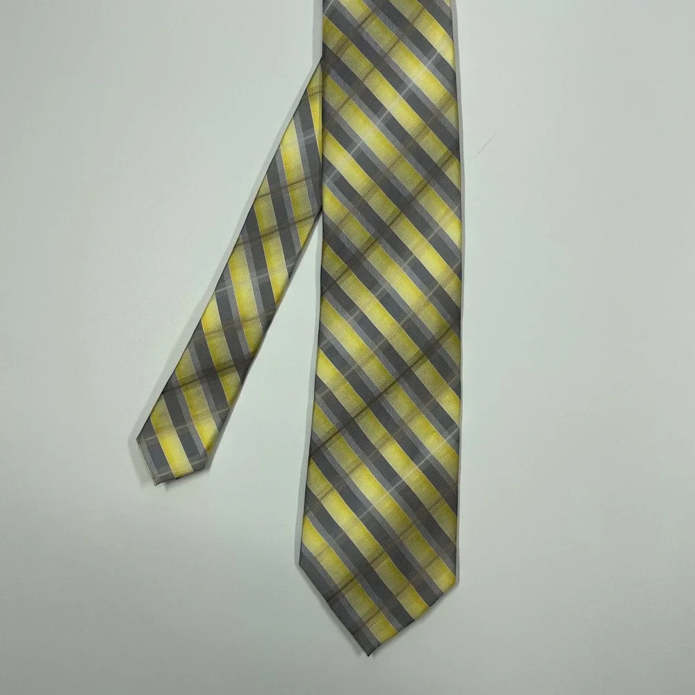 Van Heusen Yellow Grey Plaid Silk Necktie Mens OS